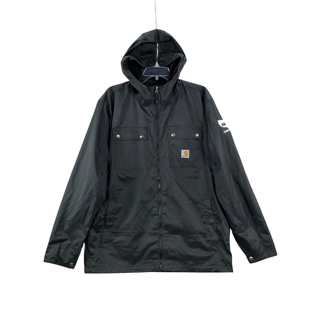 Carhartt Windbreaker Jacket Mens Large Black AMFEC Logo Hooded Nylon Workwear